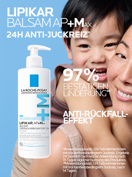 La Roche-Posay Lipikar Balsam AP+M Flasche. Text: 24h Anti-Juckreiz, Anti-Rückfall-Effekt, 97% bestätigen Linderung.